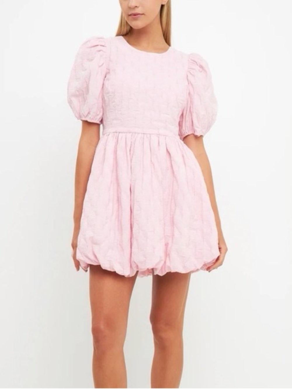 English Factory Textured Balloon Sleeve Bubble Hem Mini Dress Pink Size XS